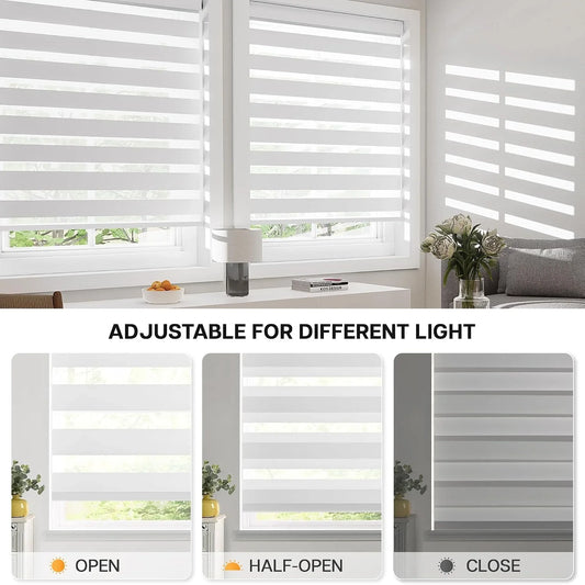 White roller blind window shades shown installed on two windows in a bright room, with text reading 'ADJUSTABLE FOR DIFFERENT LIGHT' and three smaller inset views showing open, half-open, and closed positions.