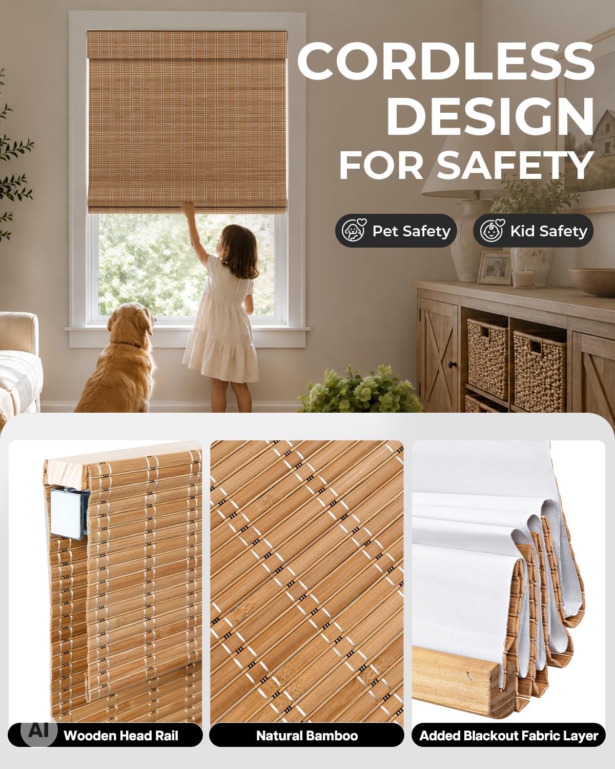 No Drill Custom Blackout Bamboo Roman Shades, Brown206
