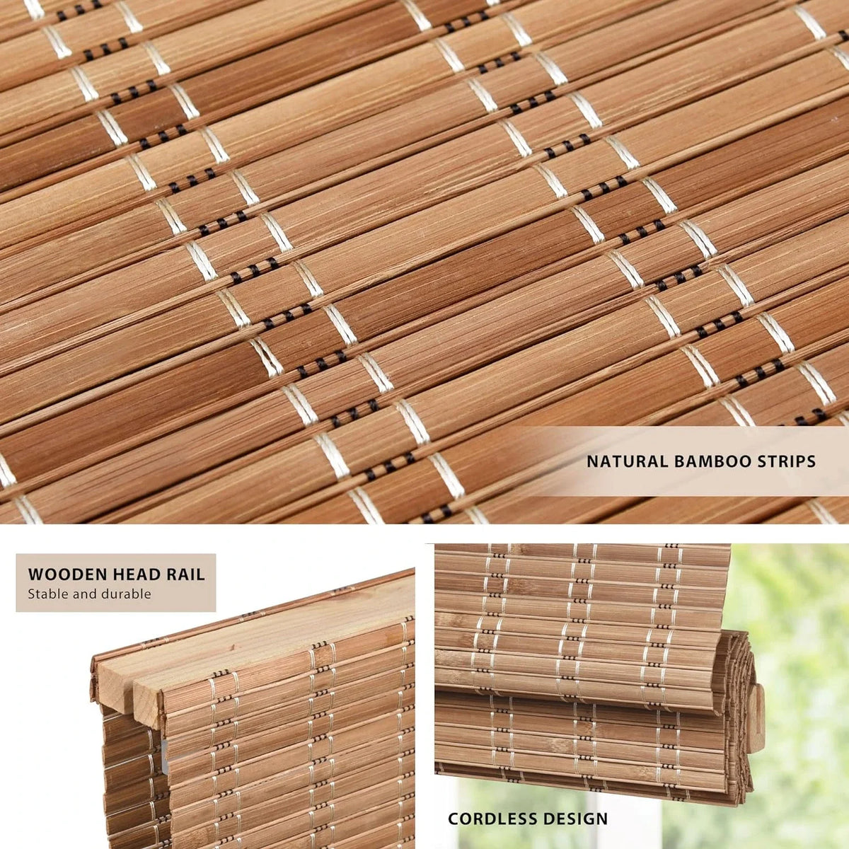 Bamboo blind with natural bamboo strips, wooden head rail, and cordless design.