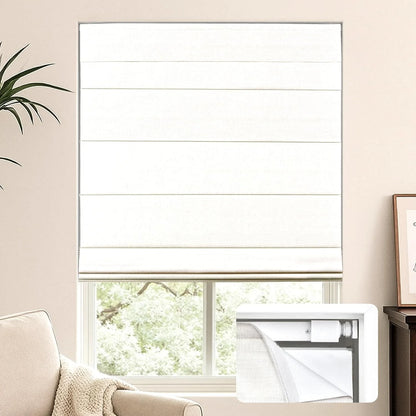 An off-white horizontal roller blind installed on a window in a beige room, with a small inset showing a close-up of the blind's texture and underside.