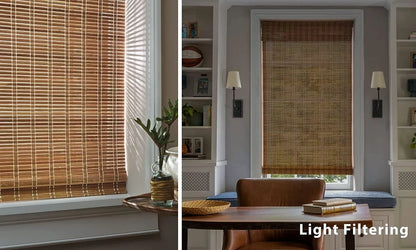 Woven wood blinds in a room with a table and decor
