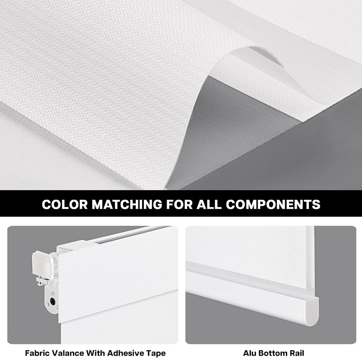 Fabric valance with adhesive tape and alu bottom rail color matching for window treatment.