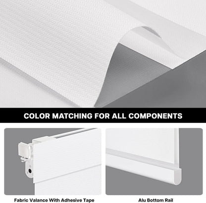 Fabric valance with adhesive tape and alu bottom rail color matching for window treatment.