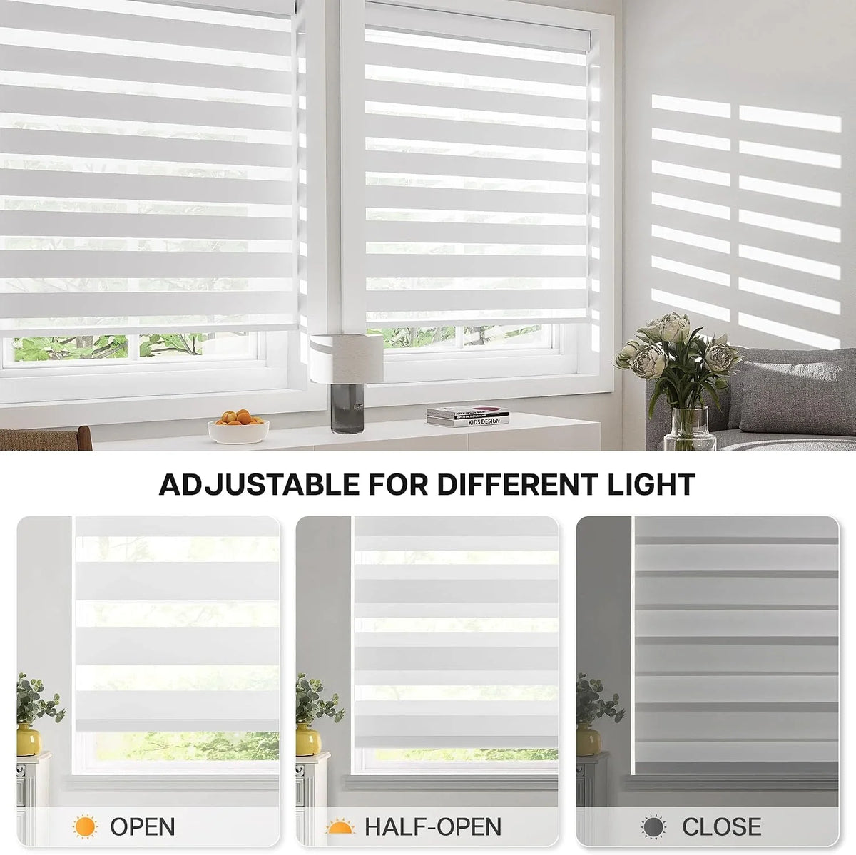 White roller blind window shades shown installed on two windows in a bright room, with text reading 'ADJUSTABLE FOR DIFFERENT LIGHT' and three smaller inset views showing open, half-open, and closed positions.