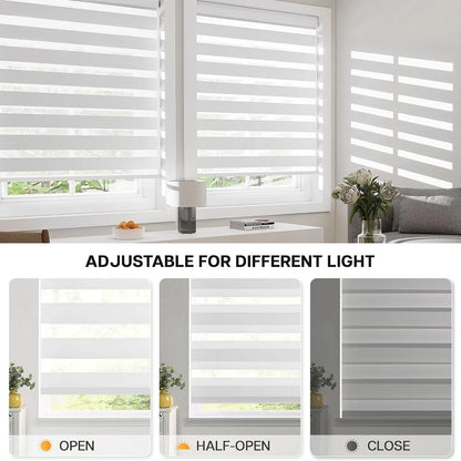 White roller blind window shades shown installed on two windows in a bright room, with text reading 'ADJUSTABLE FOR DIFFERENT LIGHT' and three smaller inset views showing open, half-open, and closed positions.