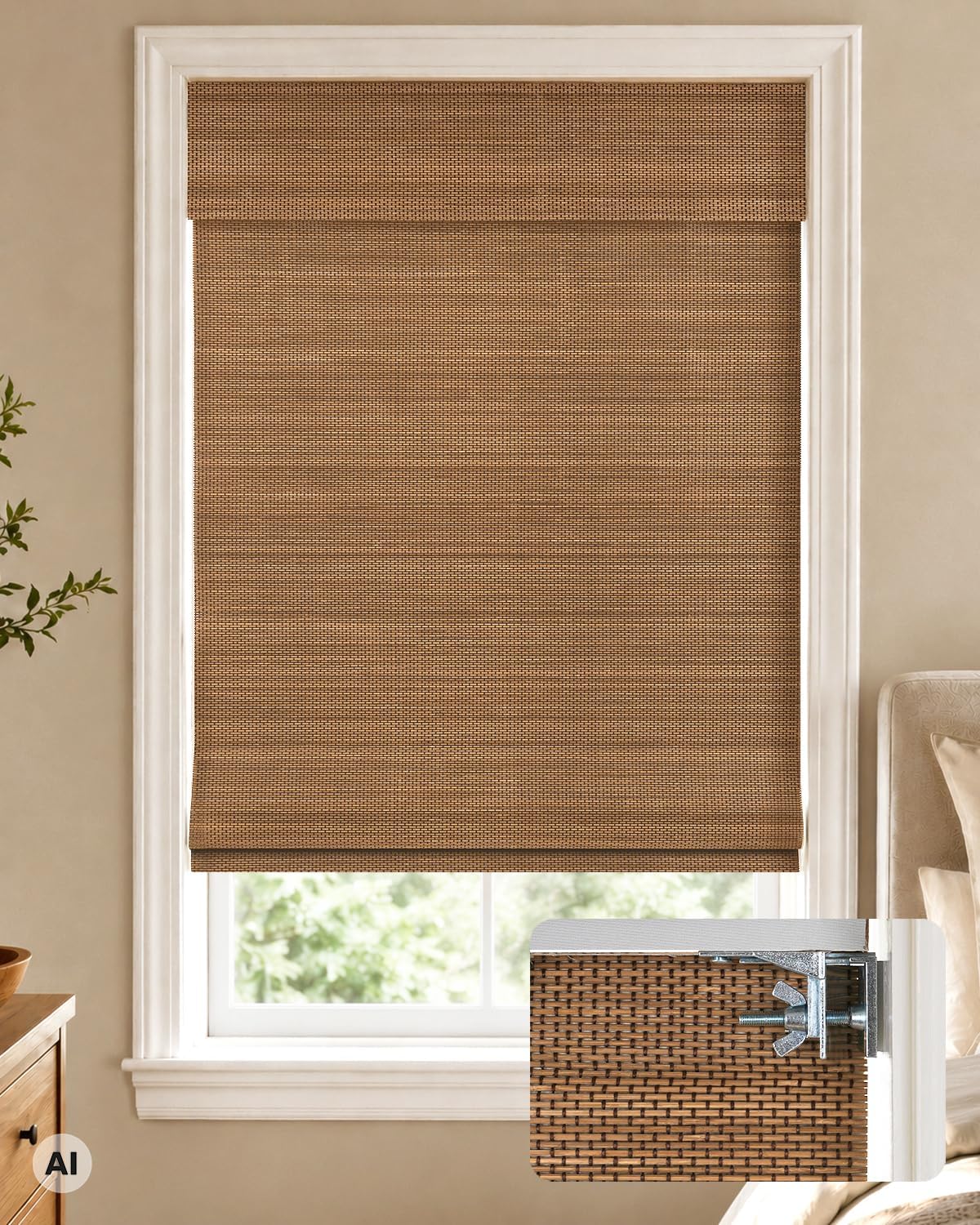 No Drill Custom Blackout Bamboo Roman Shades, Acorn