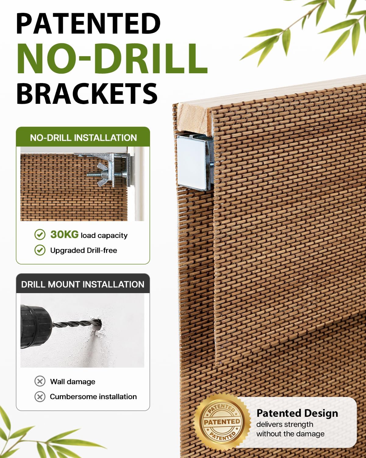 No Drill Custom Blackout Bamboo Roman Shades, Acorn