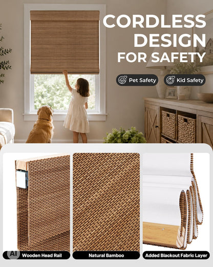 No Drill Custom Blackout Bamboo Roman Shades, Acorn