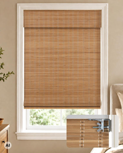 No Drill Custom Blackout Bamboo Roman Shades, Brown206