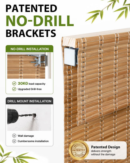 No Drill Custom Blackout Bamboo Roman Shades, Brown206
