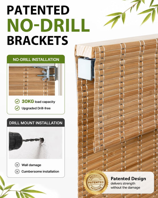 No Drill Custom Blackout Bamboo Roman Shades, Brown206