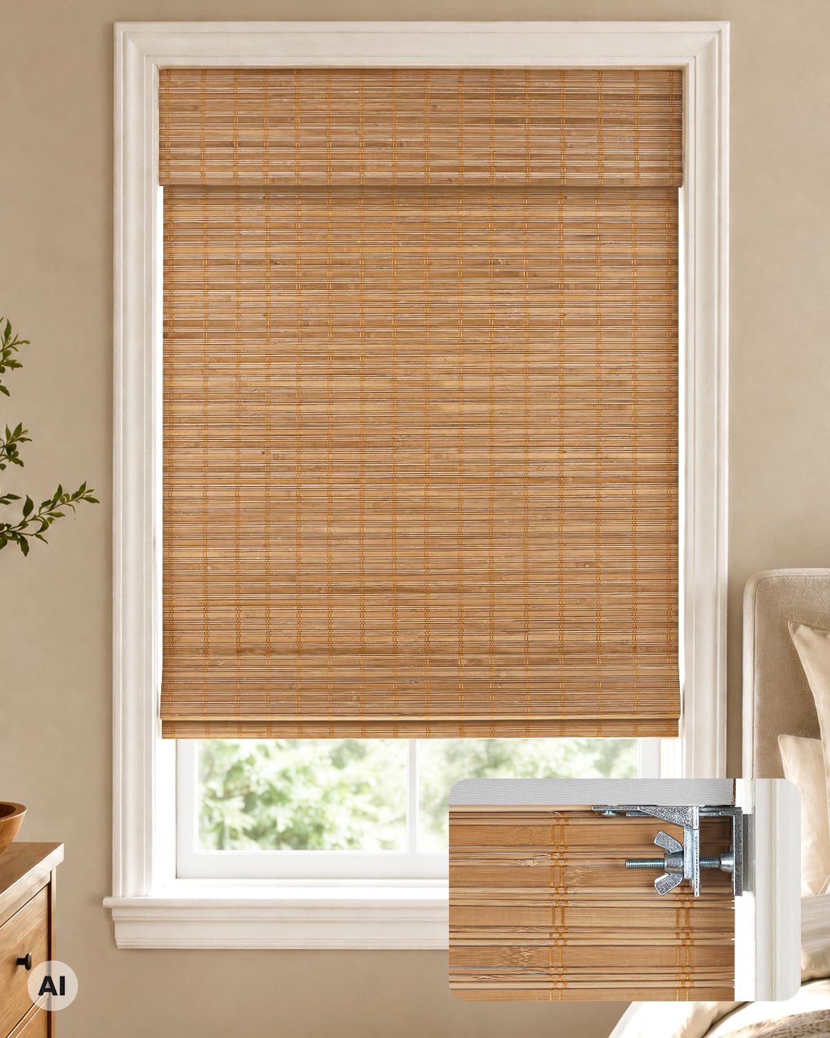 No Drill Custom Blackout Bamboo Roman Shades, Squirrel