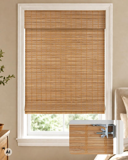 No Drill Custom Blackout Bamboo Roman Shades, Squirrel