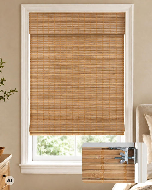 No Drill Custom Blackout Bamboo Roman Shades, Squirrel