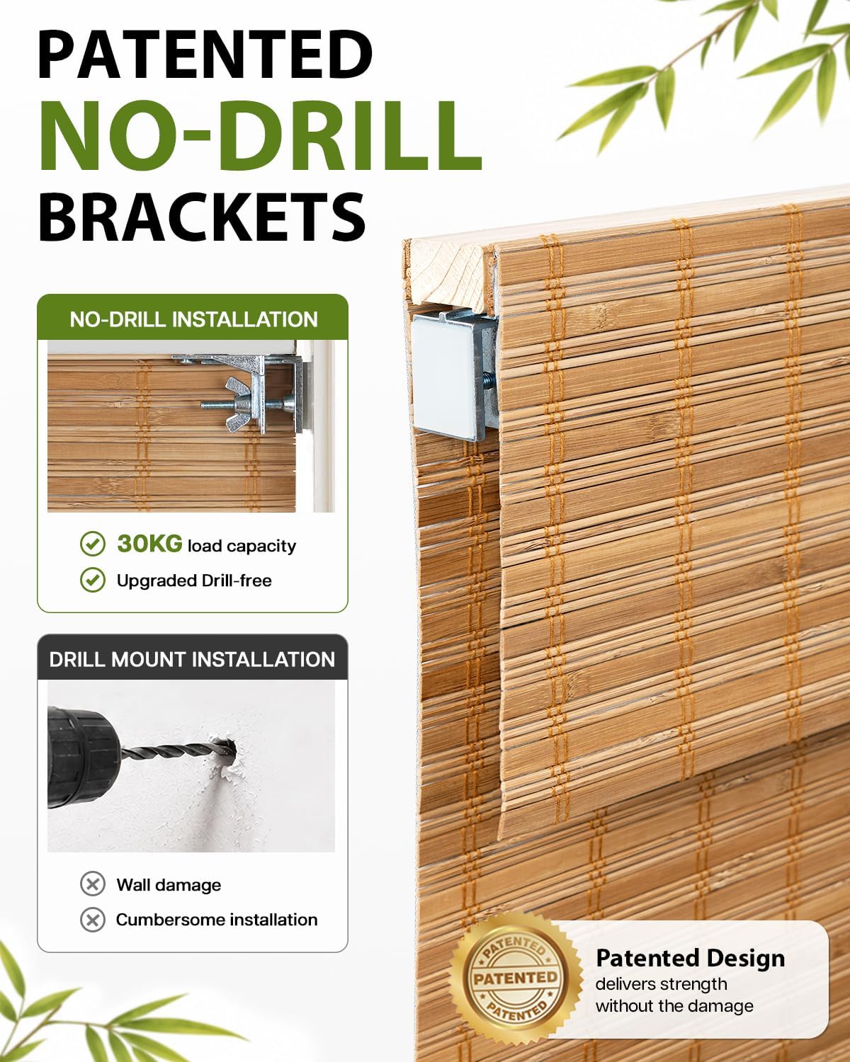 No Drill Custom Blackout Bamboo Roman Shades, Squirrel