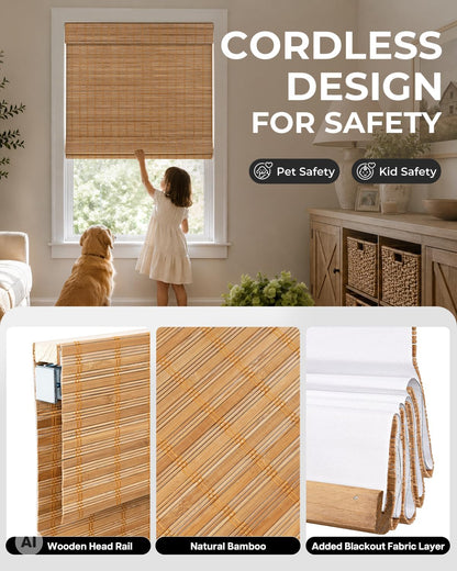No Drill Custom Blackout Bamboo Roman Shades, Squirrel