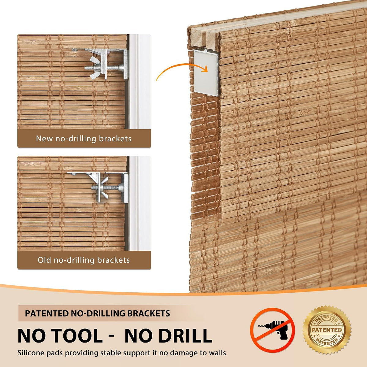 No Drill Custom Light Filtering Bamboo Roman Shades, Ceylon Light Russet