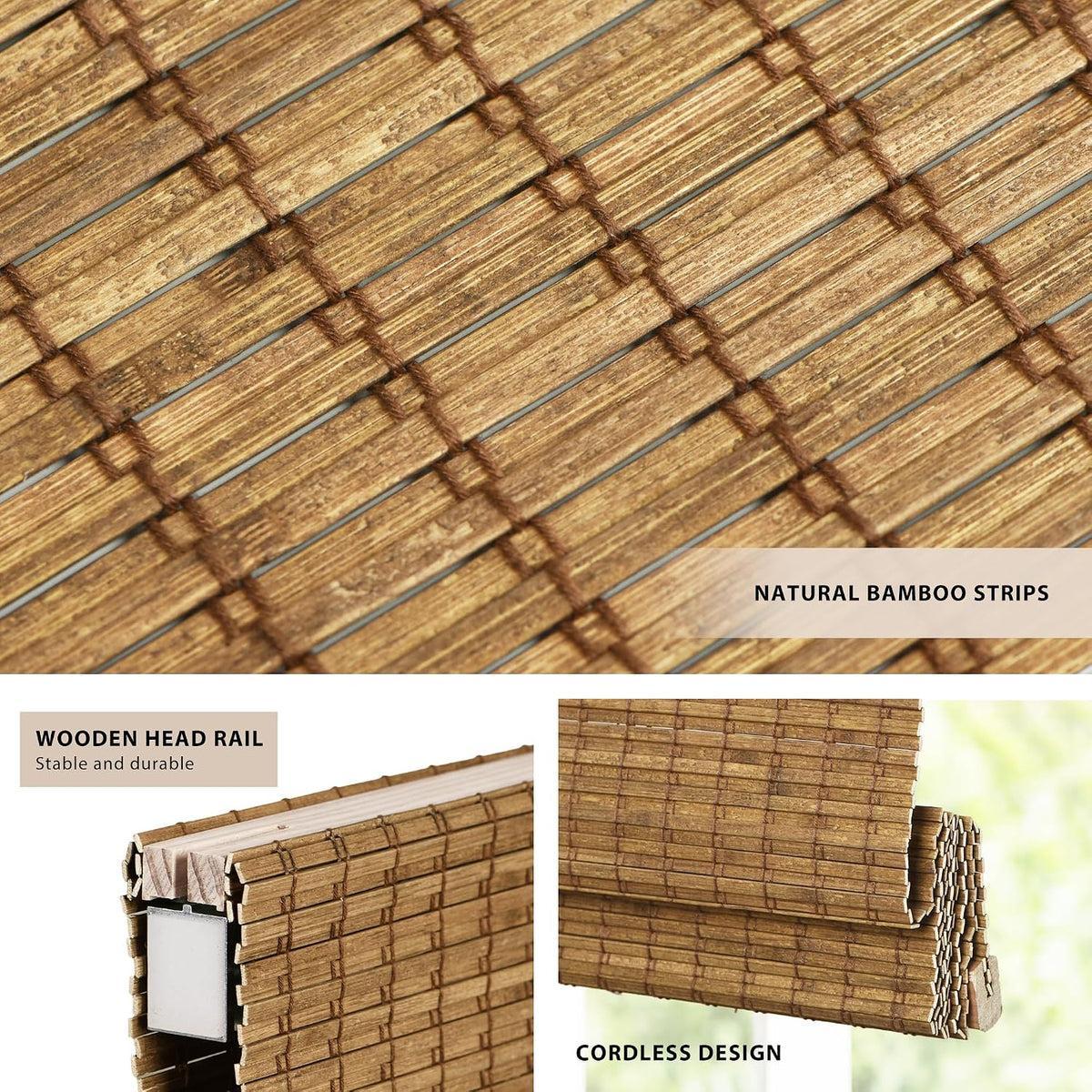 No Drill Custom Light Filtering Bamboo Roman Shades, Highfiled Teak