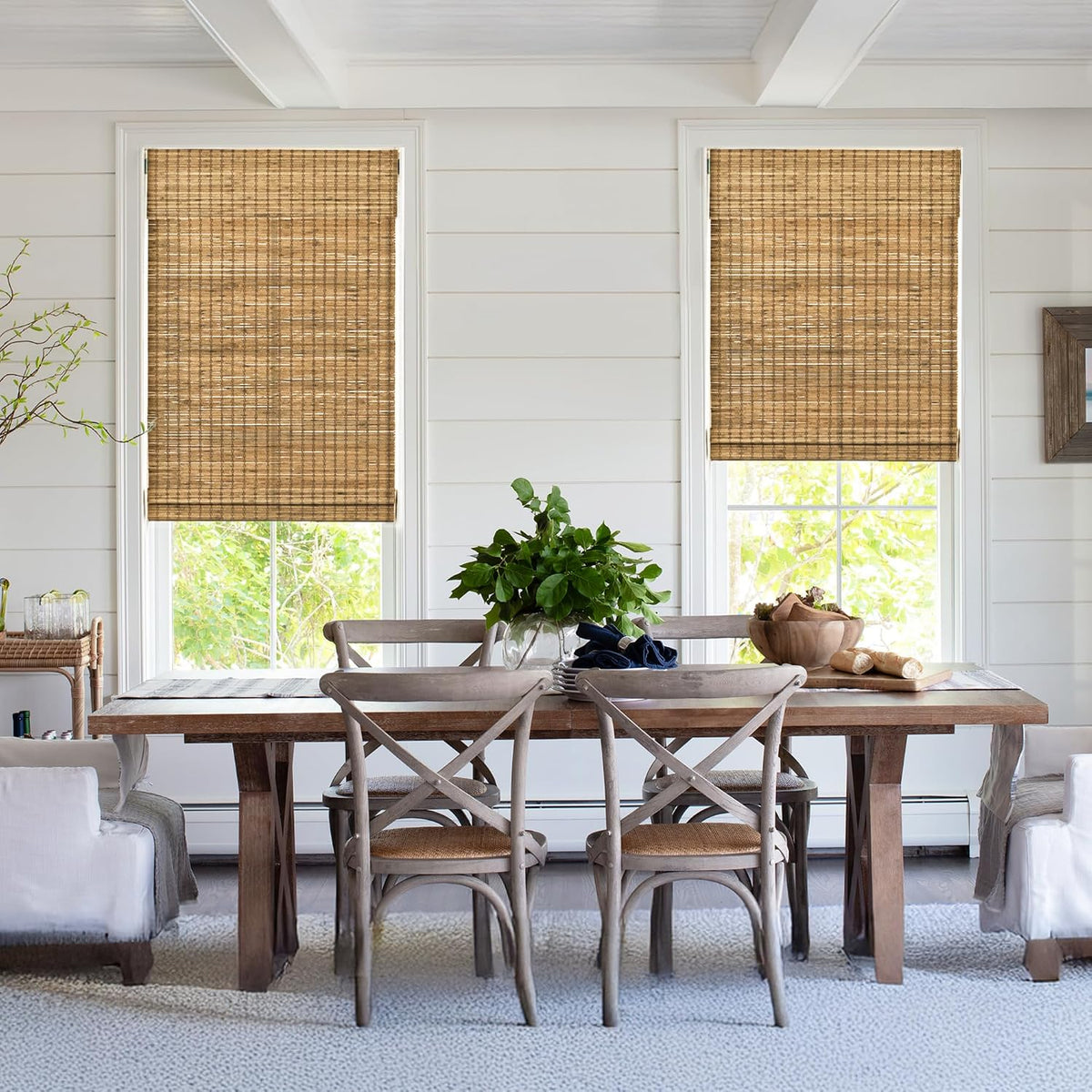 No Drill Custom Light Filtering Bamboo Roman Shades, Highfiled Teak