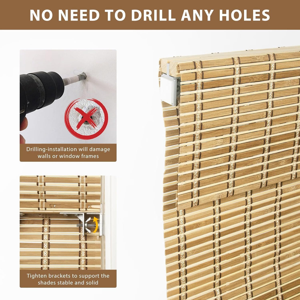 No Drill Custom Light Filtering Bamboo Roman Shades, Natural306