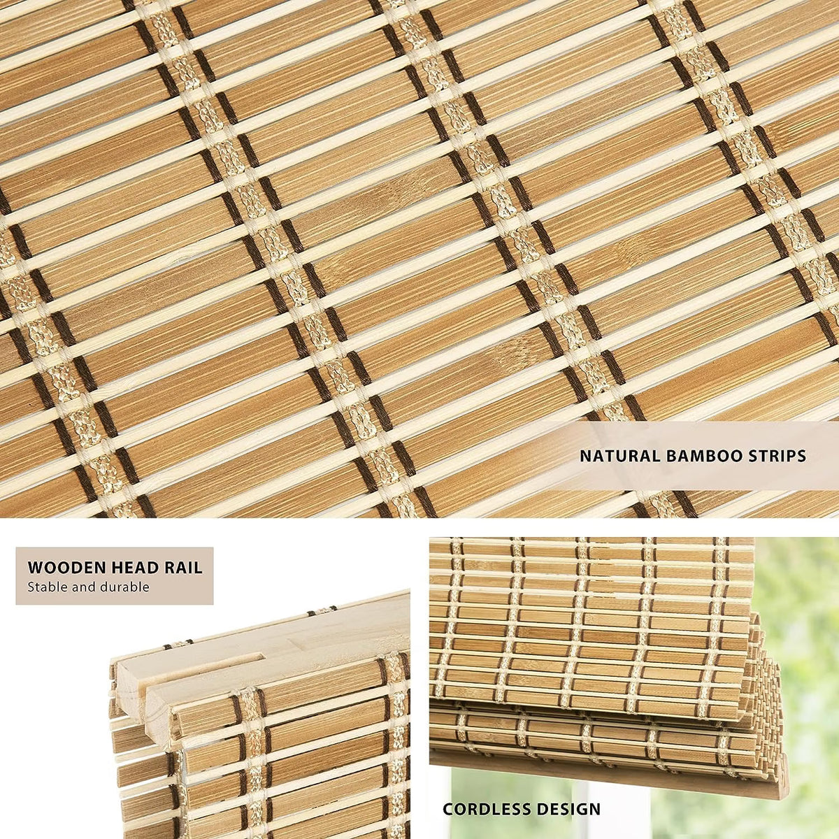 No Drill Custom Light Filtering Bamboo Roman Shades, Natural306