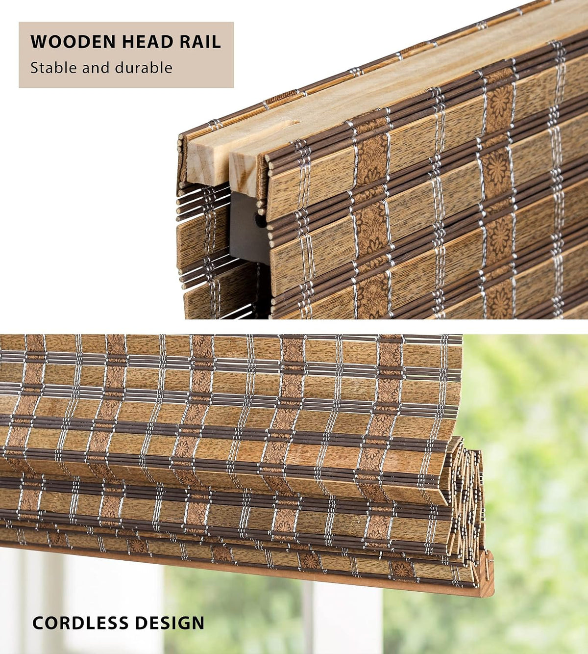 No Drill Custom Light Filtering Patterned Bamboo Roman Shades