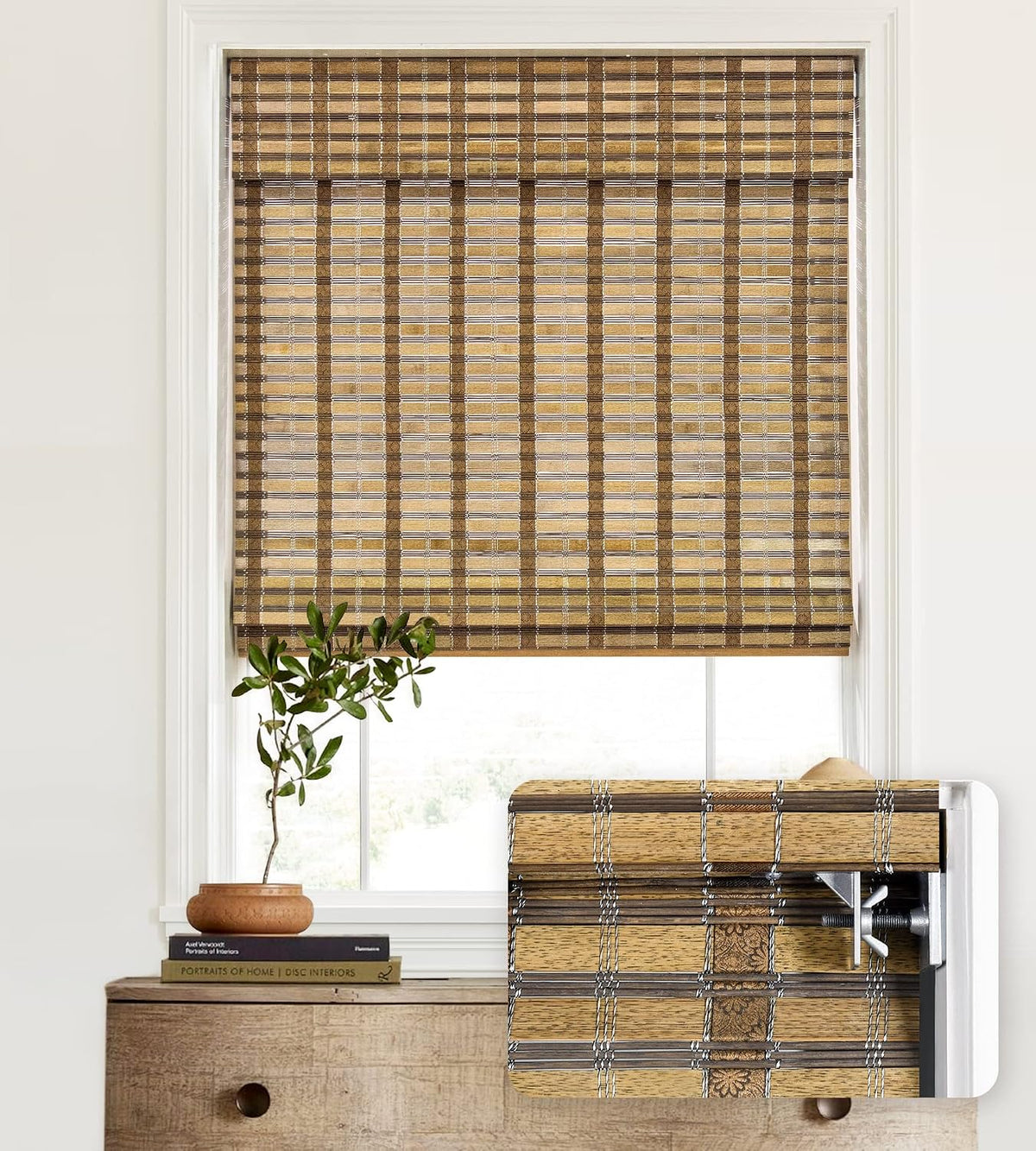 No Drill Custom Light Filtering Patterned Bamboo Roman Shades