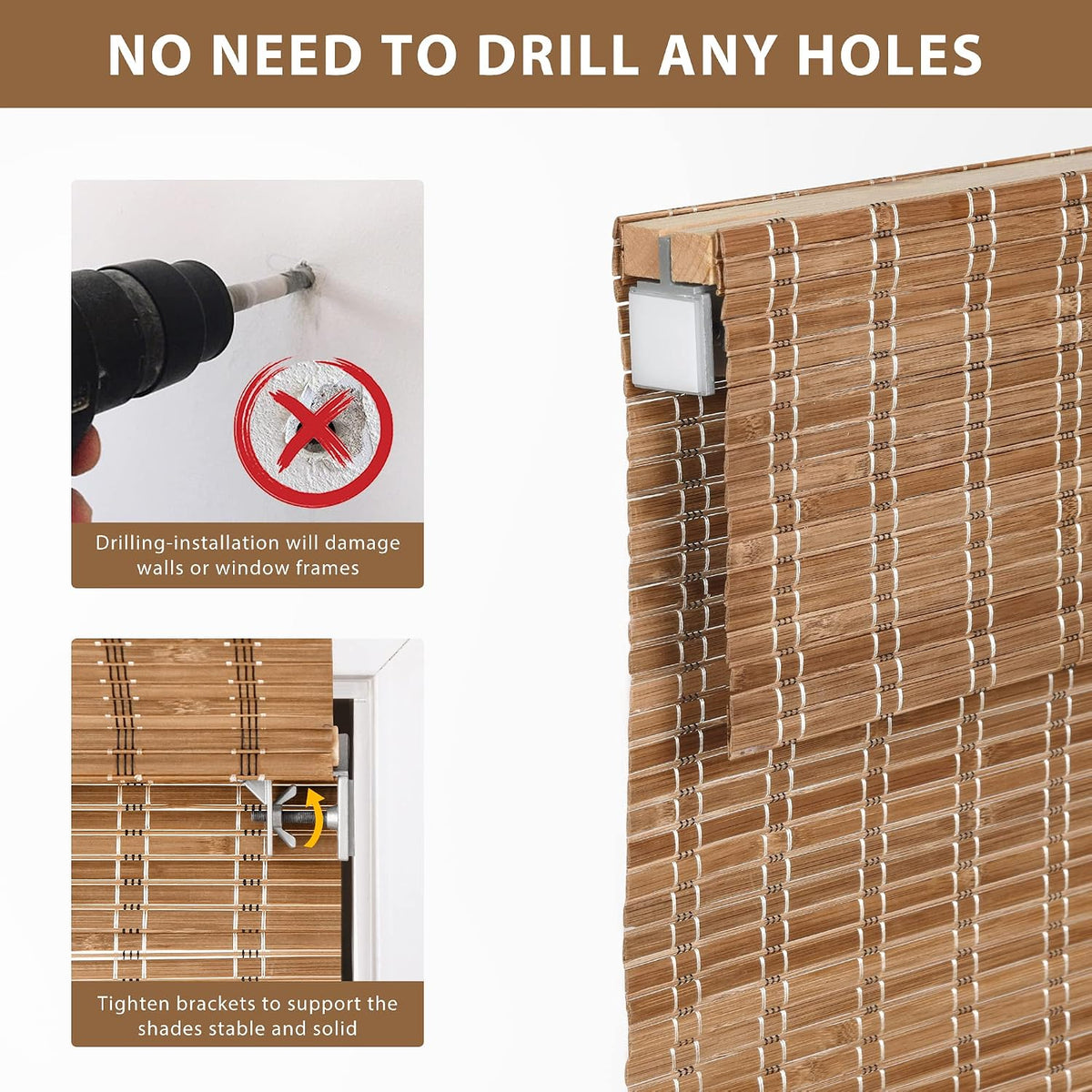 No Drill Custom Light Filtering Bamboo Roman Shades, Brown206