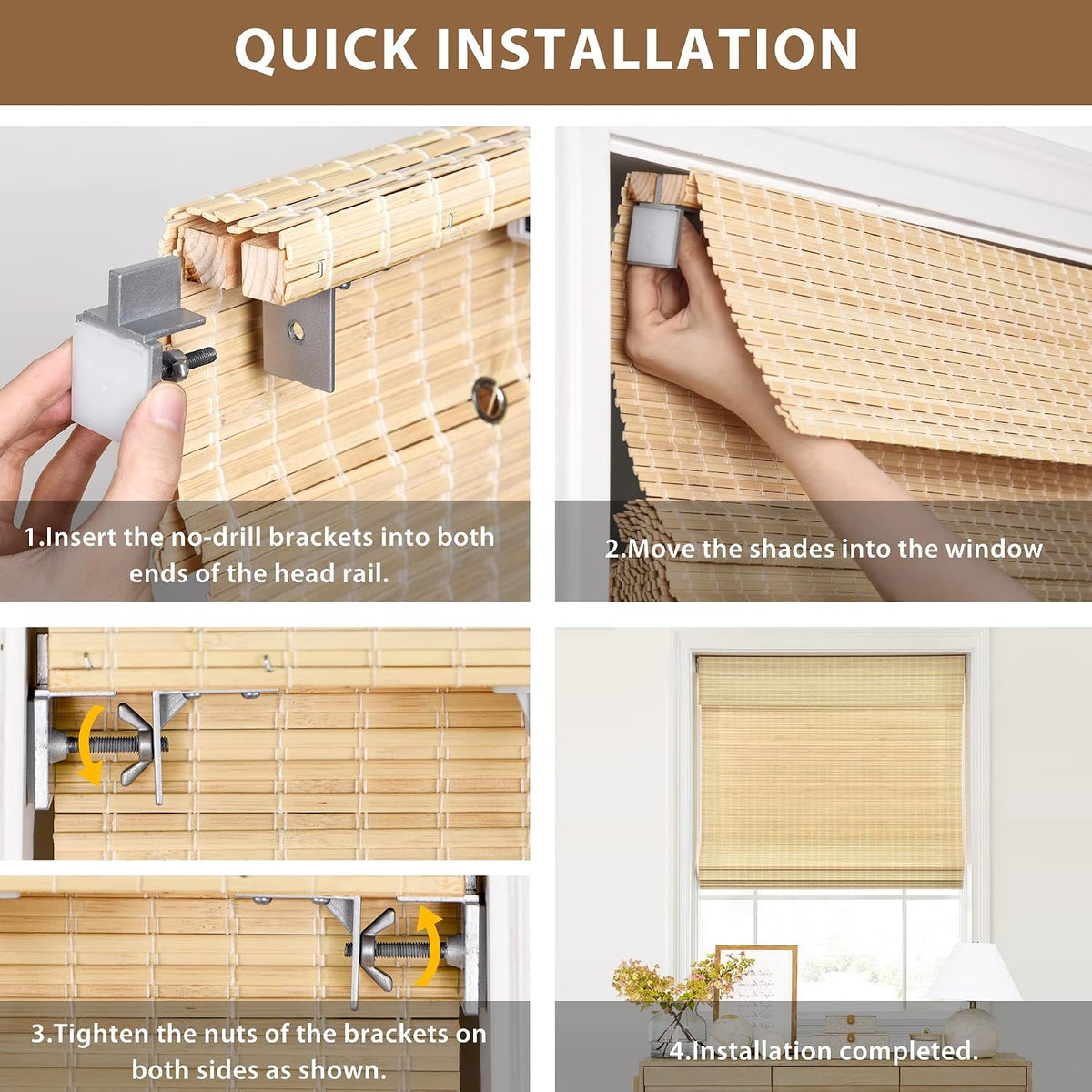 No Drill Custom Light Filtering Matchstick Bamboo Roman Shades