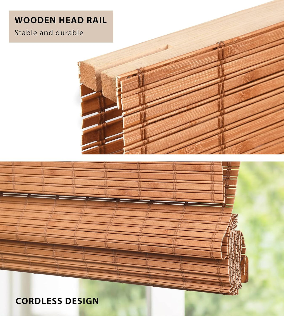 No Drill Custom Light Filtering Bamboo Roman Shades, Wood01