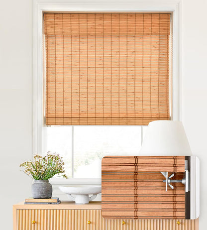 No Drill Custom Light Filtering Bamboo Roman Shades, Wood01