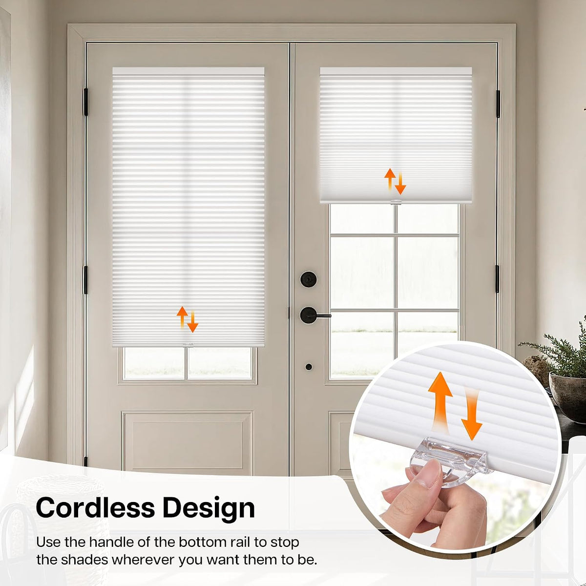 No Drill Custom Light Filtering Cellular French Door Shade, Stick On or Screw In