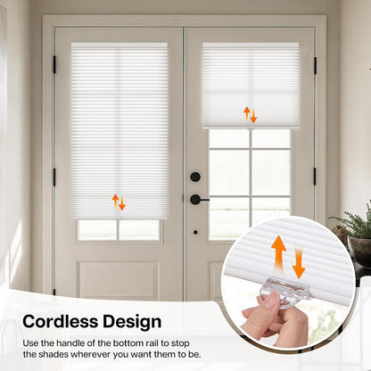 No Drill Custom Light Filtering Cellular French Door Shade, Stick On or Screw In