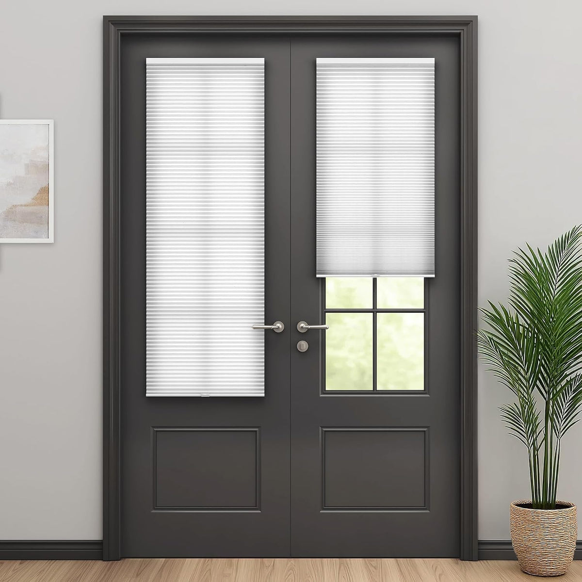 No Drill Custom Light Filtering Cellular French Door Shade, Stick On or Screw In