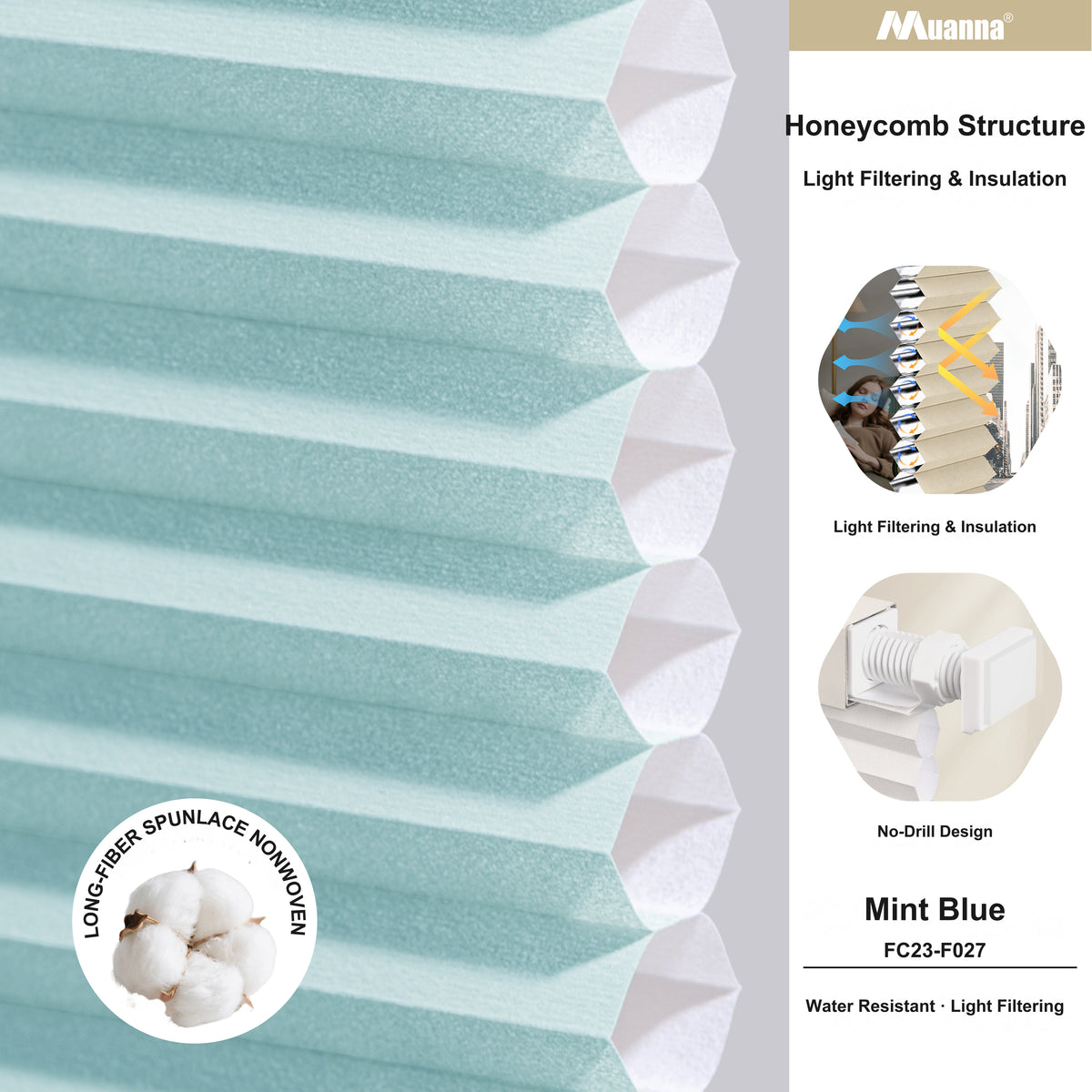 No Drill Custom Light Filtering Cellular Shades, Water Resistant, Top Down Bottom Up with Magnet (MP)