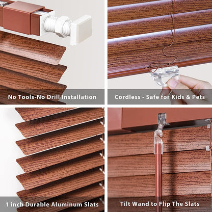 No Drill Custom Wood Grain Aluminum Mini Blinds