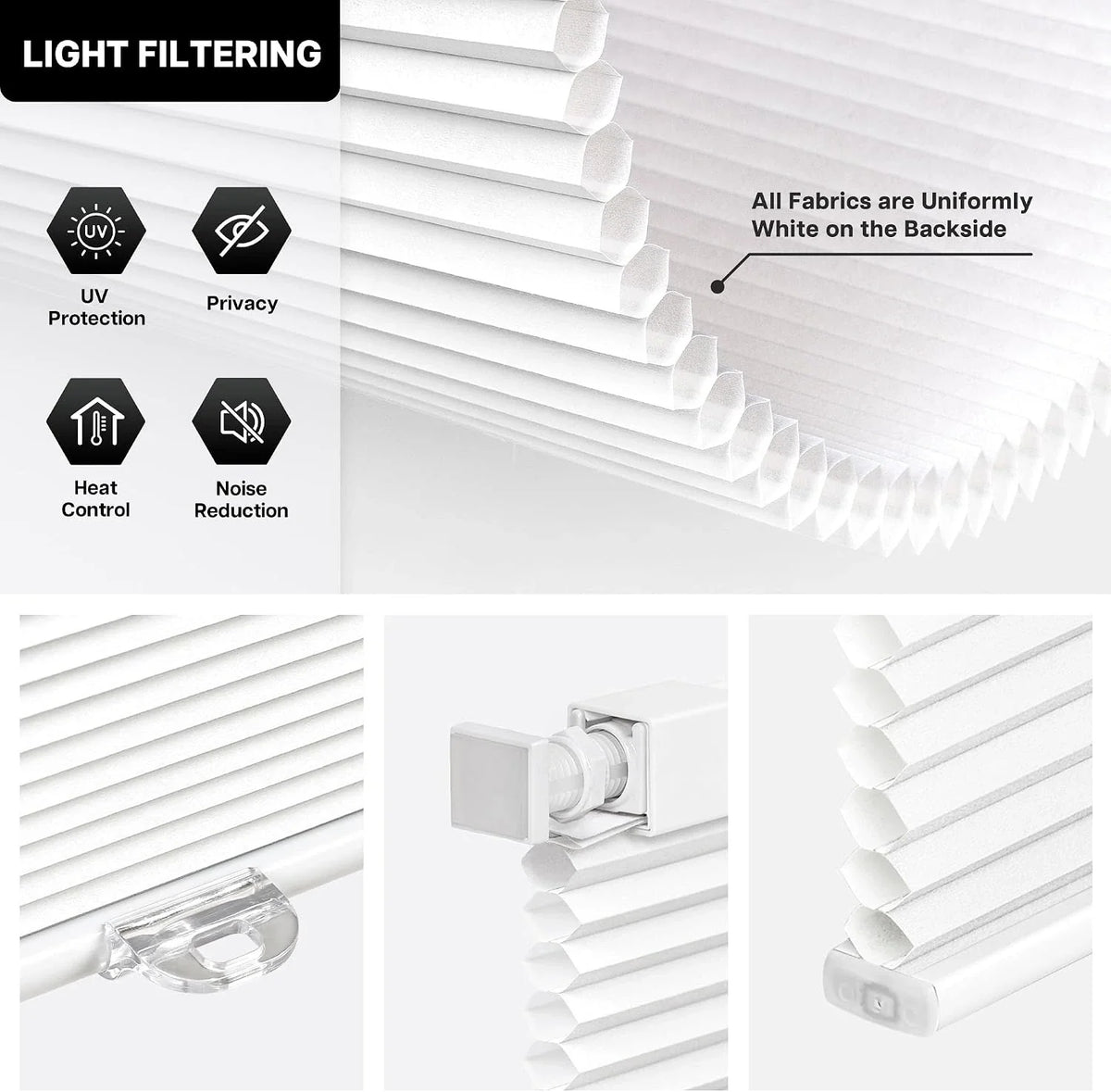 White pleated light filtering blinds shown in a product infographic with feature icons for UV protection, privacy, heat control, and noise reduction, plus close-up views of the hardware and fabric texture.