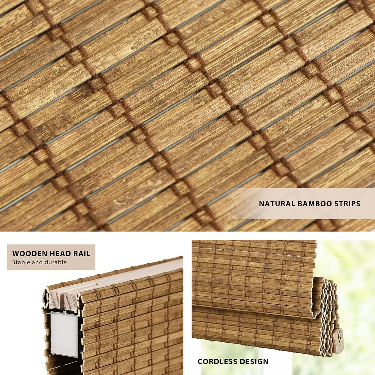 Bamboo roller blind detail collage showing natural bamboo strips, a wooden head rail, and cordless design.