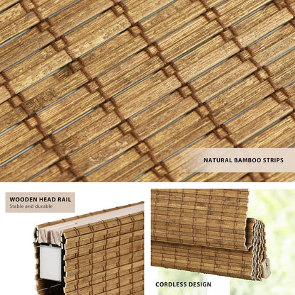 Bamboo roller blind detail collage showing natural bamboo strips, a wooden head rail, and cordless design.