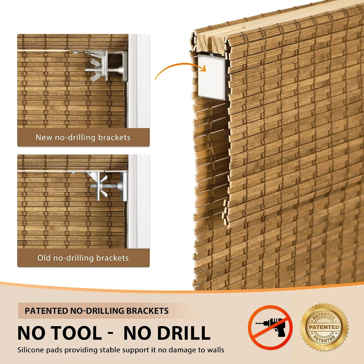 Bamboo blind with no-drilling brackets and patent badge on a beige background