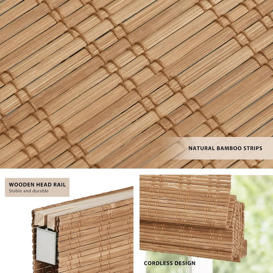 Natural bamboo roller blind shown in a close-up of the woven texture, with inset views showing the wooden head rail and cordless rolled-up design.