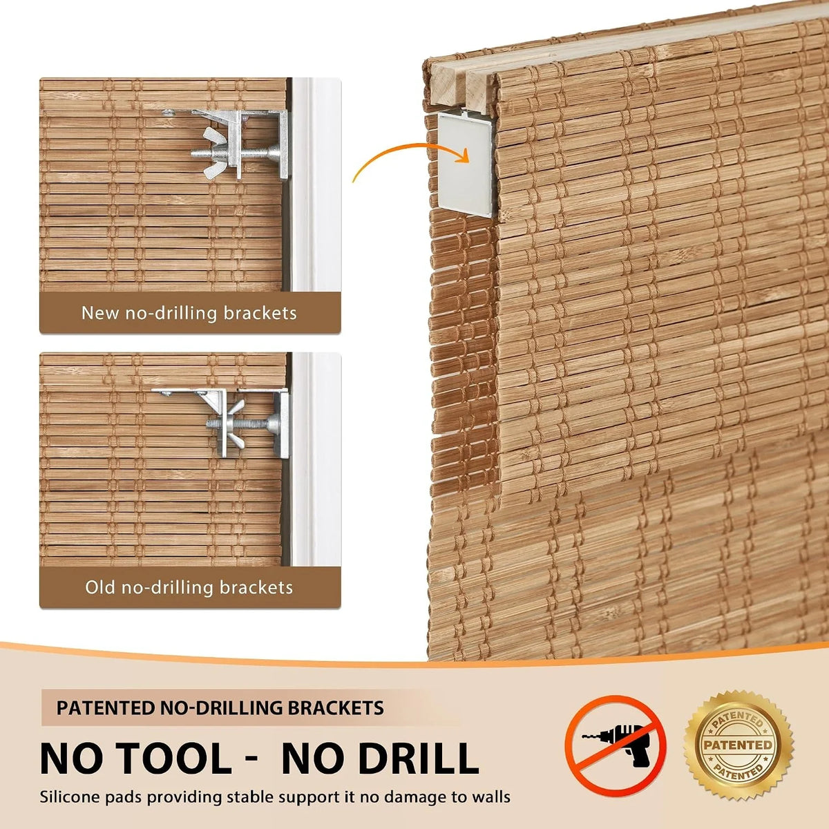 Bamboo blind with no-drilling brackets and silicone pads on a beige background
