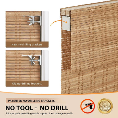 Bamboo blind with no-drilling brackets and silicone pads on a beige background