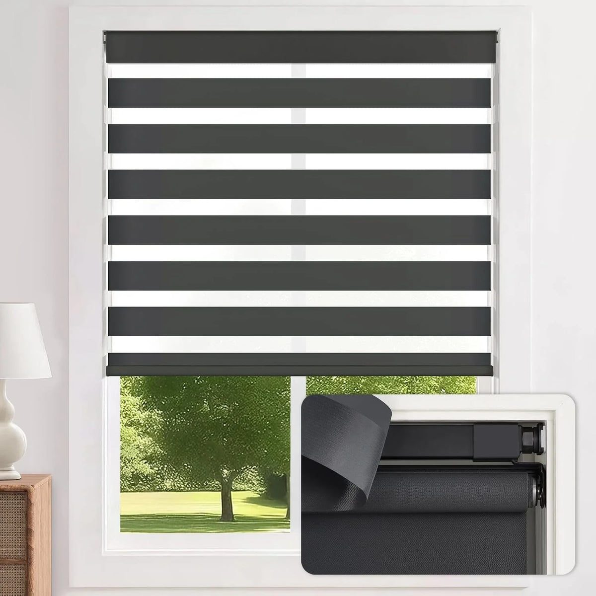 Black and white striped roller blind with a window view and close-up inset.
