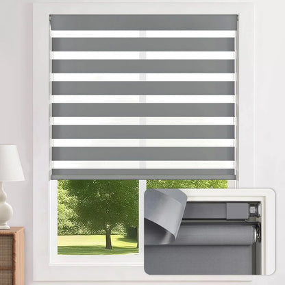 Window with gray striped blinds and a view of greenery outside