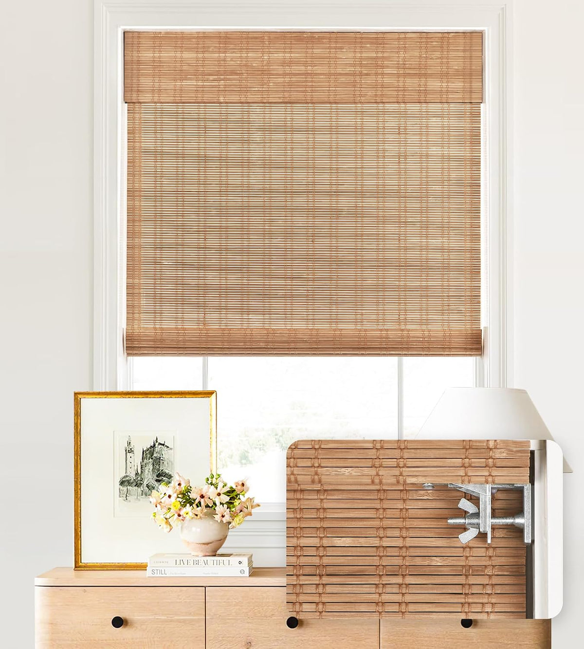 No Drill Custom Light Filtering & Privacy Bamboo Roman Shades Fabric Swatch