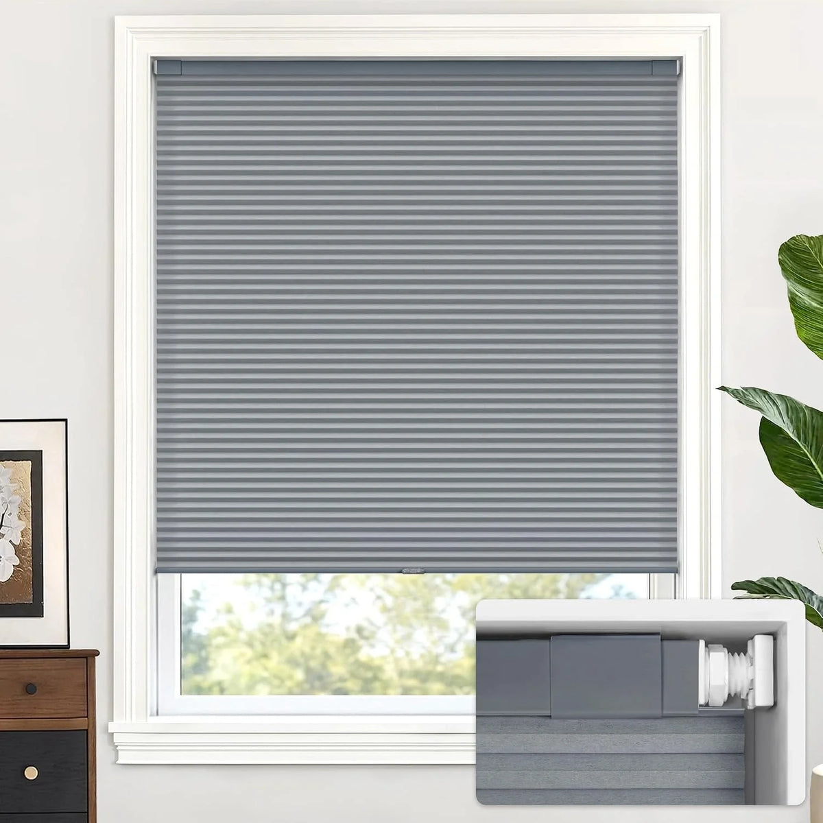 Dark Gray blinds on a window with a white frame, a plant, and a dresser in the background.