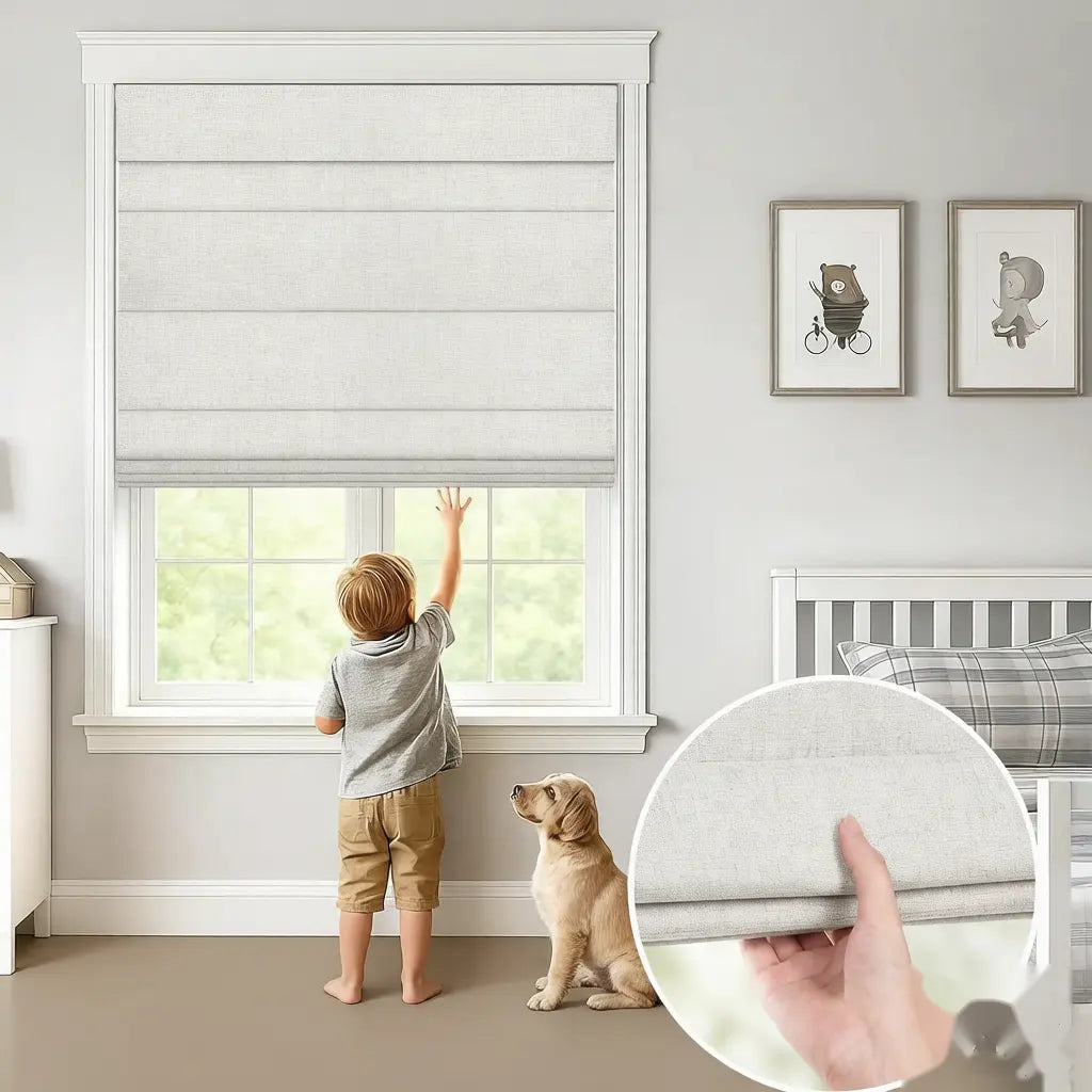 A light beige fabric roller blind on a window in a child's bedroom, with a young boy reaching out, a golden retriever sitting beside him, and a circular inset showing a hand holding the fabric to demonstrate its texture.