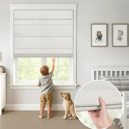 A light beige fabric roller blind on a window in a child's bedroom, with a young boy reaching out, a golden retriever sitting beside him, and a circular inset showing a hand holding the fabric to demonstrate its texture.