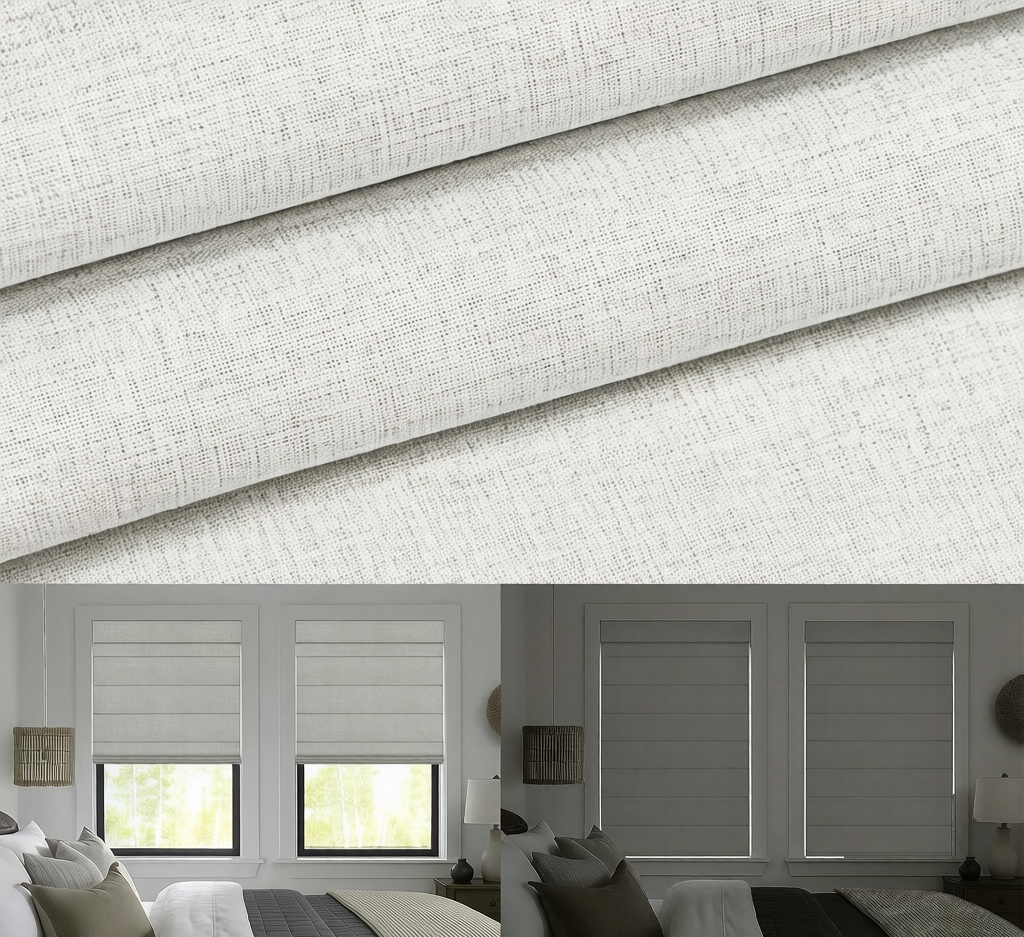 The top half shows a close-up of a light beige textured fabric with diagonal folds. The bottom half shows the fabric installed as roller blinds in a modern, neutral-toned bedroom with three windows.